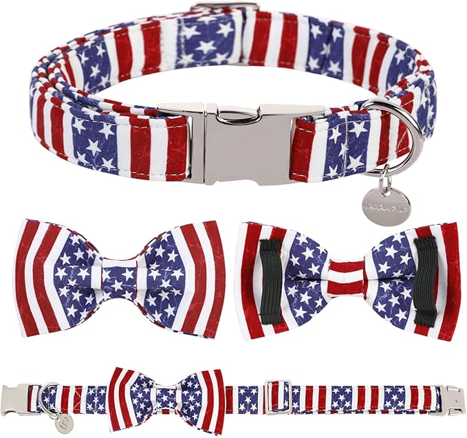 Dog Collar with Bow Tie, 4th of July Comfortable Cotton Dog Collar, American Flag Collar for Puppy Girl Boy Dog or Cat, Patriotic Bowtie Collar with Metal Buckle, XS