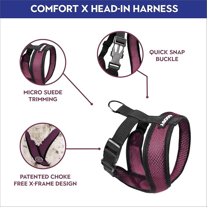 Gooby Comfort X Head In Harness - Purple, Small - Patented Choke-Free X Frame - Perfect On-The-Go Dog Harness for Medium & Small Dogs, Indoor & Outdoor Use