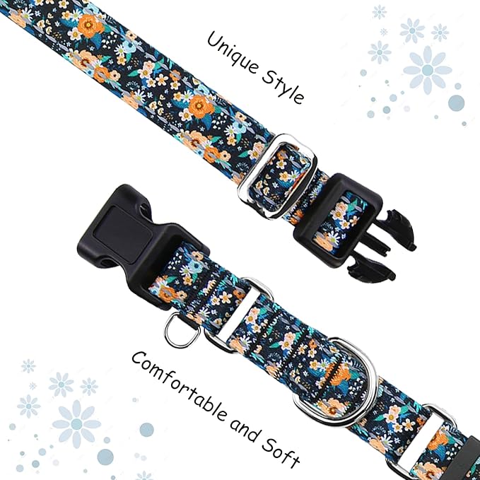 Reflective Martingale Dog Collar with Buckle Soft Nylon Floral No Slip Dog Collars for Medium Dogs (Black Orange Flowers, M)
