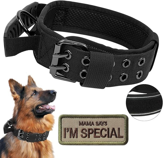 Tactical Dog Collar with Handle - Military Adjustable Dog Training Collar Soft Nylon and Heavy Duty Metal Buckle for Medium Large Dogs - with Patch (Black with Patch, Medium)