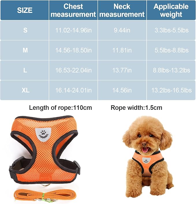 shudyear Dog Walking Chest Harness and Leash, Anti-Escape Adjustable Soft Mesh Dog Leash and Harness Set for Small Dog and Puppies, Vest for Medium Sized Dogs (Orange, XL)
