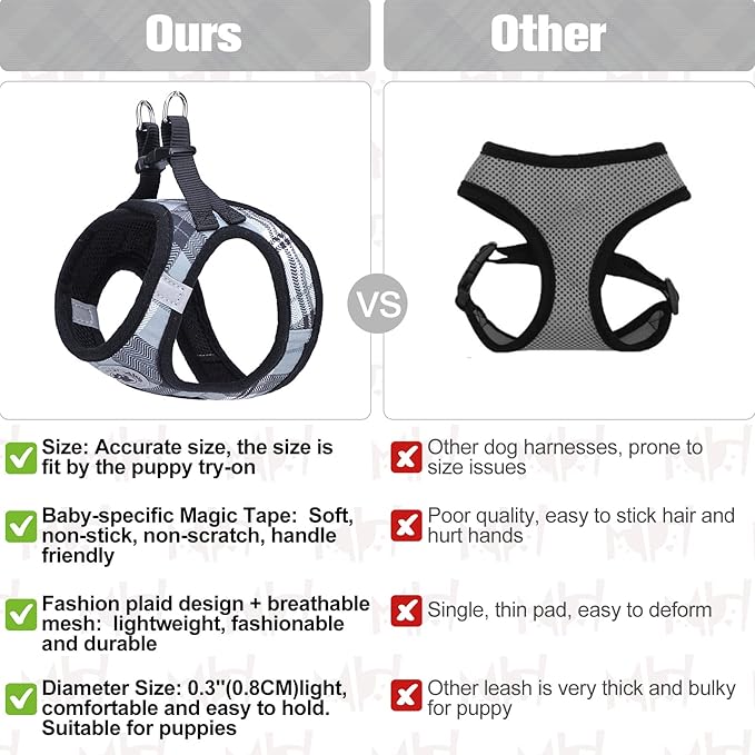 BEAUTYZOO Small Dog Harness and Leash Set,Step in No Choke No Pull Soft Mesh Dog Harnesses Reflective for Extra-Small Medium Puppy Dogs and Cats, Plaid Dog Vest Harness for XS S Pets, Grey XS