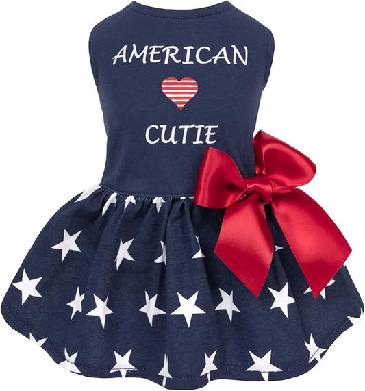 Fitwarm 100% Cotton 4th of July American Cutie Dog Clothes Memorial Day Dog Outfits Patriotic Dresses Doggie Dress Pet Cat Apparel Blue XXS