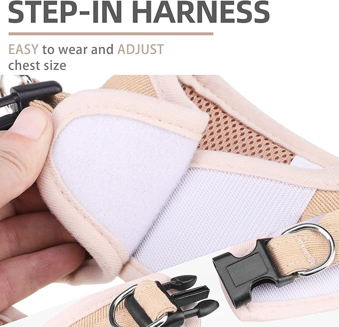 PUPTECK Dog Harness and Leash Set for Small Medium Dogs No Pull Step-in Soft Mesh Puppy Cat Vest Harnesses Reflective at Night, Denim Beige XS