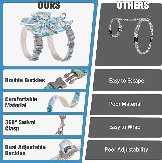 PAWCHIE Cat Harness and Leash Set with Bow Knot,Cats Escape Proof-Adjustable Daisy Floral Kitten Harness Soft Outdoor Walking Travel Pet Harness,Puppy Harness for Girl Cats Bunny Rabbit Small Dog,Blue
