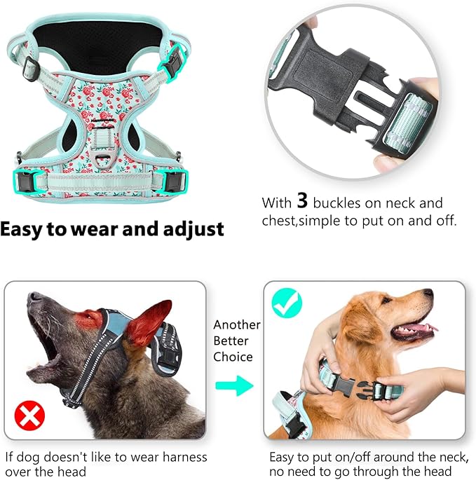 Timos Dog Harness, No-Pull Pet Harness with 2 Leash Clips, Adjustable Soft Padded Dog Vest, Reflective Outdoor Pet Oxford Vest with Easy Control Handle,Cyan,XS