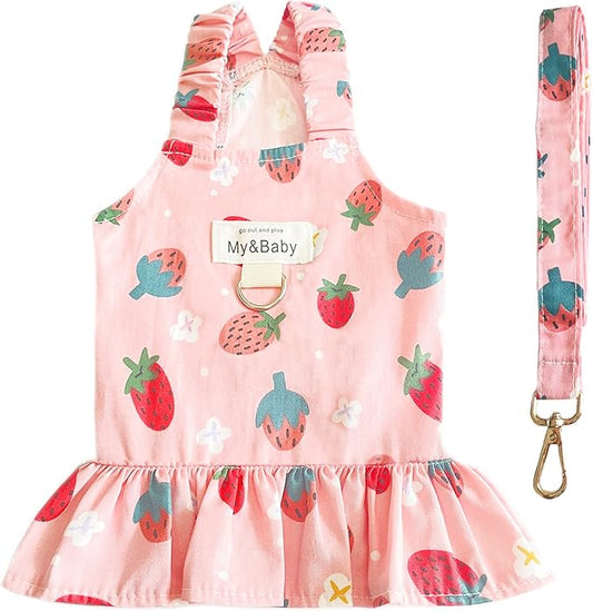 Small Dog & Puppy Dresses - Cute Princess Birthday Set, Soft Fruit Print, Pink Strawberry, M (Chihuahua, Yorkie, Shih Tzu)