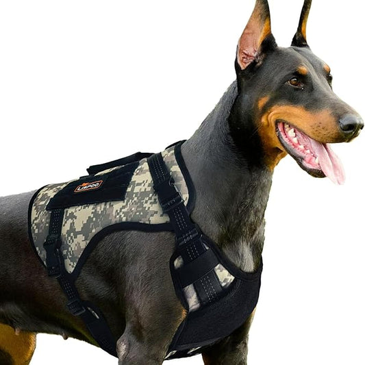 Multicam Tactical Dog Harness for Large Dogs, No Pull Adjustable Dog Harness with Water Bottle Bag and Pocket, Adjustable Reflective K9 Training Vests for Dogs for Training, Walking, Hiking L