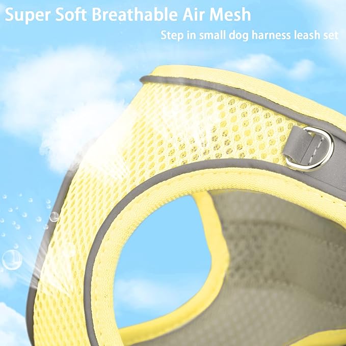 Soft Small Dog Harness and Leash Set Mesh Puppy Harnesses Leash Easy Walk Dog Harness Vest Adjustable Reflective No Pull Dog Harnesses for Small Dogs Cats (Yellow Grey,XS)