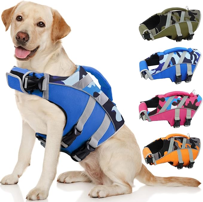 Kuoser Dog Life Jacket with Reflective Stripes, Adjustable High Visibility Dog Life Vest - Ripstop, Flotation Swimsuit for Small, Medium & Large Dogs
