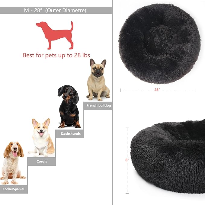 Black Dog Beds for Medium Dogs Washable Calming Bed for Dogs 28 Inches Black Calm and Anti Anxiety Faux Fur Round Medium Sized Pet Bed