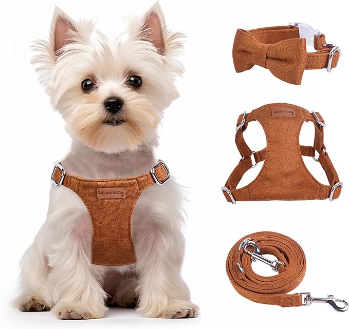 Dog Harness and Leash Set, XXS No Pull Adjustable Puppy Harness with Multifunction Pink Dog Leash and Dog Collar, Soft No Choke Escape Proof Pet Harness Vest for Small Dogs and Cats (Brown, M)