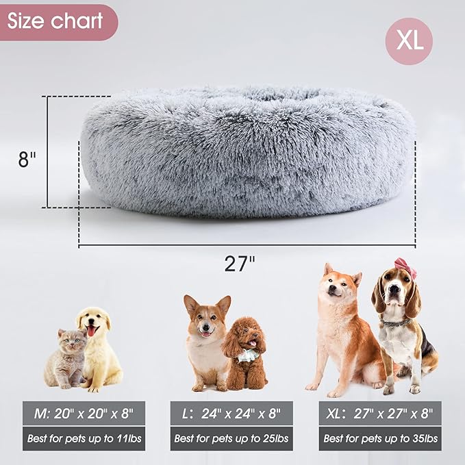 Donut Dog Cuddler Bed Calming, Anti-Anxiety, Warming Cozy Soft Dog Round Bed, Fluffy Faux Fur Plush Dog Cat Cushion bed for Small Medium Dogs and Cats (20"/24"/27"/30")