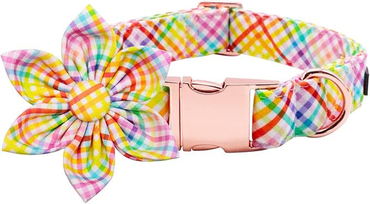 Lionet Paws Easter Dog Collar with Flower - Colorful Cute Cotton Flower Dog Collar with Metal Buckle for Medium Dog Girl, M, Neck 13.5-22in