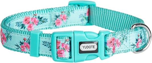 Green Flower Pattern Dog Collar, Nylon Webbing Plus Polyester Ribbon 2 Layers, for Large Dogs(Large, Green Flower)