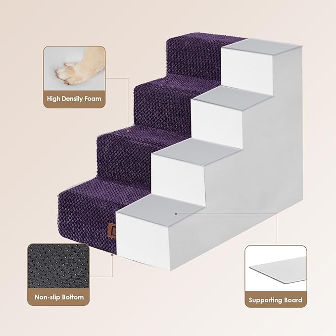 EHEYCIGA Dog Stairs for Bed 18”H, 4-Step Dog Steps for High Bed, Pet Steps for Small Dogs and Cats, Non-Slip Balanced Pet Ramp Indoor, Purple