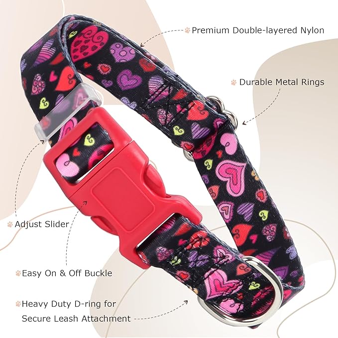 Dog Collar for Small Dogs with Cute Heart Patterns for Girl & Boy Dogs, Adjustable Soft Pet Collar with Safety Buckle for Small Medium Large Dog (Heart S)