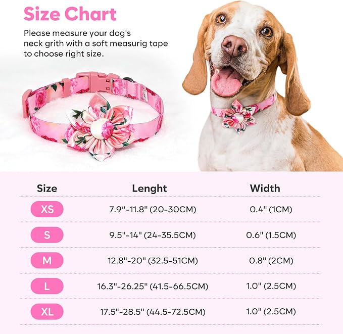 DQGHQME Floral Girl Pink Dog Collar with Rose Flower Bow Tie for Cute Female Cats & Dogs - Small to Large Sizes