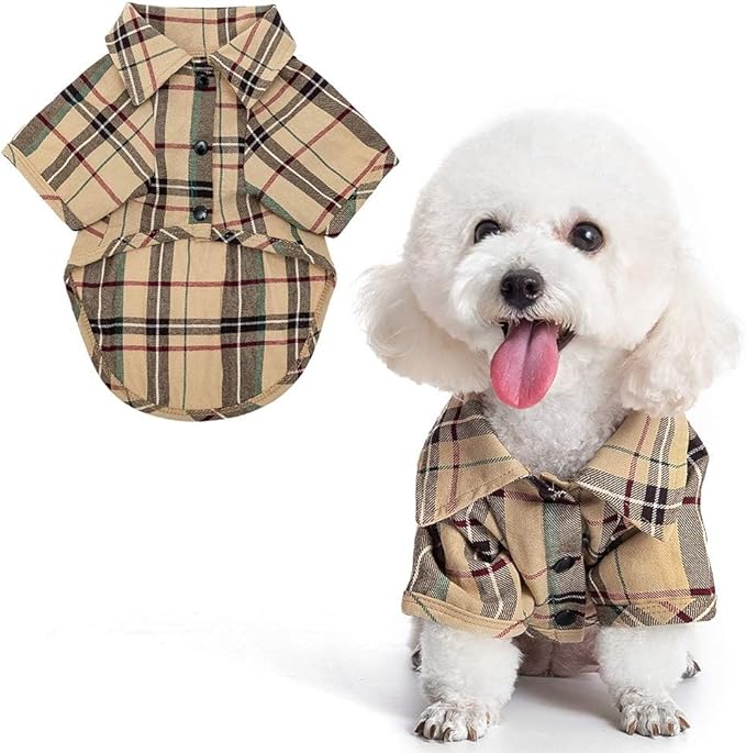 PUPTECK Plaid Dog Shirt, Cute Puppy Cat Polo T-Shirt, Soft Pet Clothes Boy Girl Outfit for Small Medium Dogs, Costume M