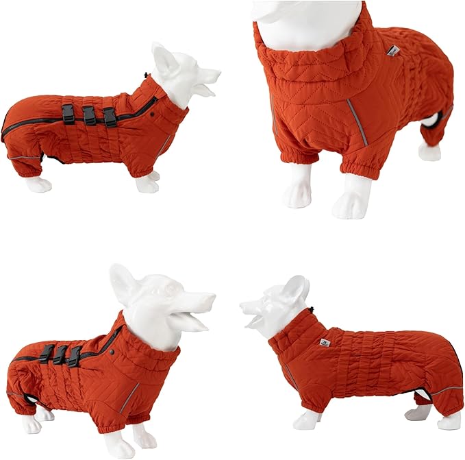 Lovelonglong Warm Dog Coat Double Layers Dog Vest, 4 Legs Covered Windproof Waterproof Reflective Warm Dog Vest Outdoor Skating Dog Costume for Corgis Dachshund Dog Orange D-S