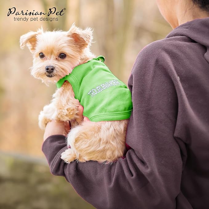 Parisian Pet Dog Tshirt - Embroidered “ Trouble Maker “ Tank Top - Pure Cotton and Lightweight Pet Vest - Sleeveless Tee Shirts - Machine Washable Shirts for Small Dogs - XS