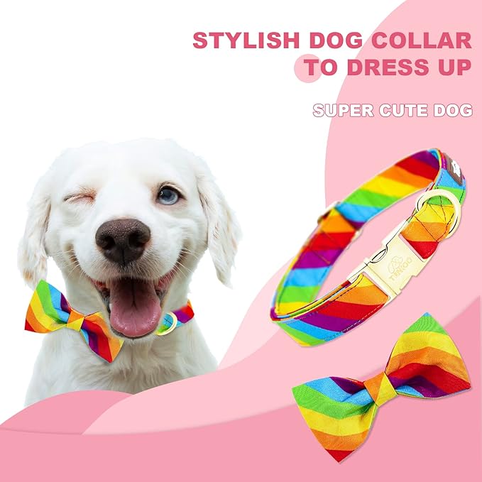 Tunkoo Rainbow Dog Collar with Very Pretty Bow Tie for LGBT Pride Month - Adjustable and Comfortable Collar for Large Medium Small Pet M