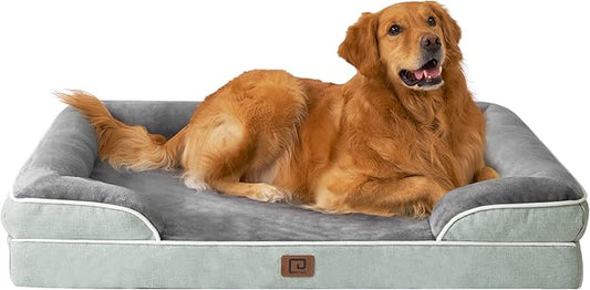 EHEYCIGA Orthopedic Dog Beds for Extra Large Dogs, Waterproof Memory Foam XL Dog Bed with Sides, Non-Slip Bottom and Egg-Crate Foam Big Pet Couch Bed with Washable Removable Cover, Greyish Green