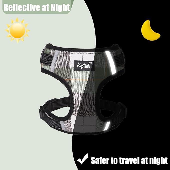 PUPTECK Dog Harness and Leash Collar Set for Small Medium Dogs Puppy and Cats Walking No Pull Adjustable Reflective Soft Mesh Padded Plaid Harnesses Pet Accessories, Green, S