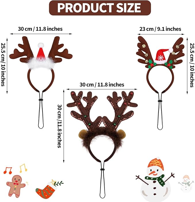 Pedgot 3 Pack Christmas Pet Headwear Xmas Hair Loop Brown Reindeer Antlers Headband Christmas Pet Costume Hair Accessory for Dogs