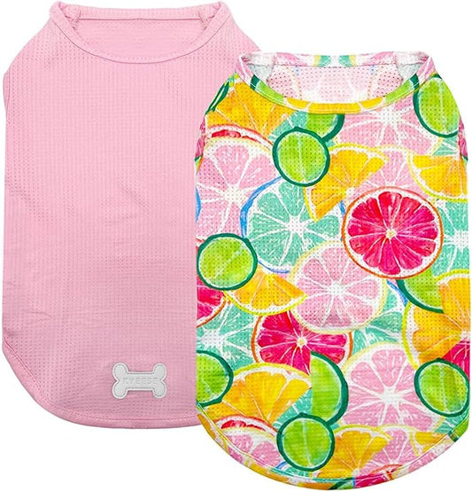 KYEESE 2 Pack Medium Dogs Shirts Breathable Pet T-Shirts Soft Tank Top Sleeveless Vest Dog Tee Shirt Dog Apparel Sun-Blocking Great for Summer Lemon Pattern,X-Large,Lemon+Pink