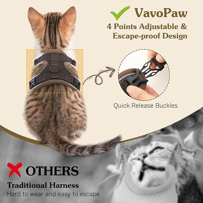 Cat Harness and Leash Set for Walking, Adjustable Kitten Vest Harness with Reflective Strip Breathable Mesh, Escape Proof Soft Pet Safety Vest for Cats, Kittens, Puppies, S Coffee