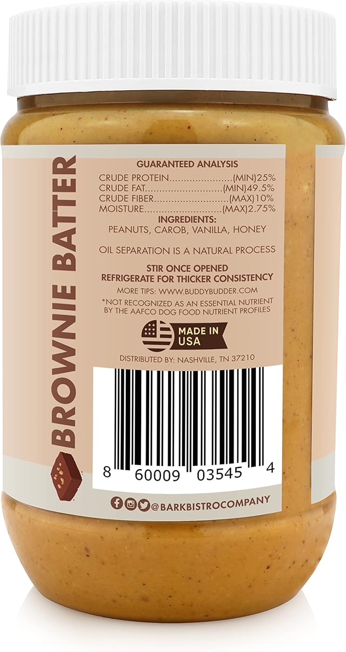 BUDDY BUDDER Brownie Batter, 100% Natural Peanut Butter, Healthy Dog Treats, Stuff in Toy, Pill Pocket, Made in USA, 17 oz Jars