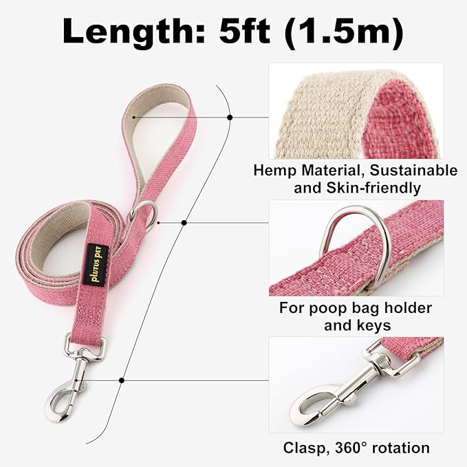 Plutus Pet Cotton Hemp Dog Collar and Leash Set, Adjustable Collar for Small, Medium, and Large Dogs, Heavy Duty and Soft on Skin, Hot Pink, L