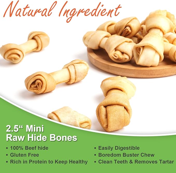 MON2SUN Dog Rawhide Knot Bones Small Rawhide Bones Mini Chews Chicken Flavour 2.5 Inch 100 Count for Puppy and Small Dogs
