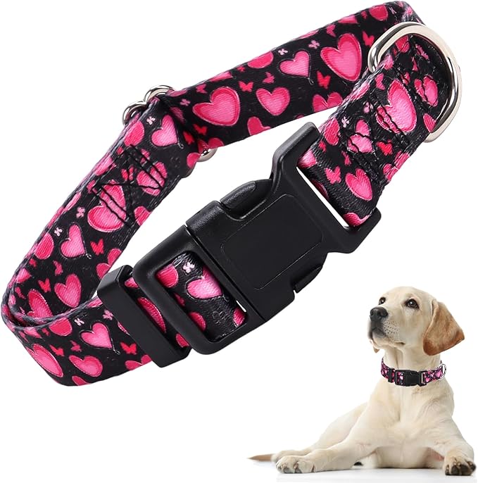 Dog Collar for Large Dogs with Love Heart Patterns for Girl & Boy Dogs, Pink Dog Collar Adjustable Heavy Duty Nylon Collar with Quick-Release Buckle, for Wedding, Valentine's Day, Birthday (L)