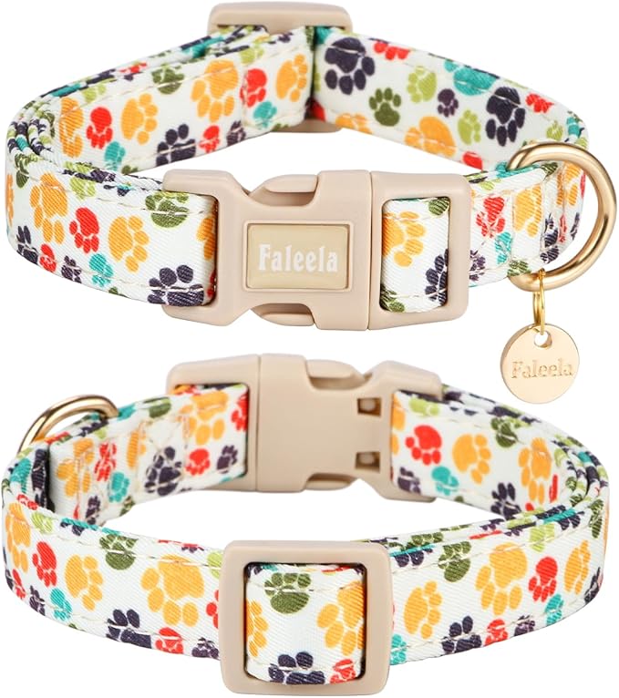 Faleela Dog Collar - Cute & Comfy Cotton Pet Collar, Adjustable Lightweight Design with Quick-Release Buckle, for Small, Medium & Large Dogs - Multiple Styles Available (Footprint, Large)
