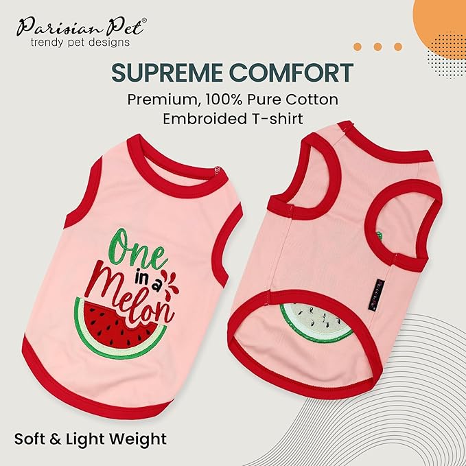 Parisian Pet Dog Tshirt - Embroidered “ One in a Melon “ Tank Top - 100% Cotton and Lightweight Dog Clothes - Sleeveless Tee Shirts - Machine Washable Shirt for Large Dogs - Pet Vest - 2XL