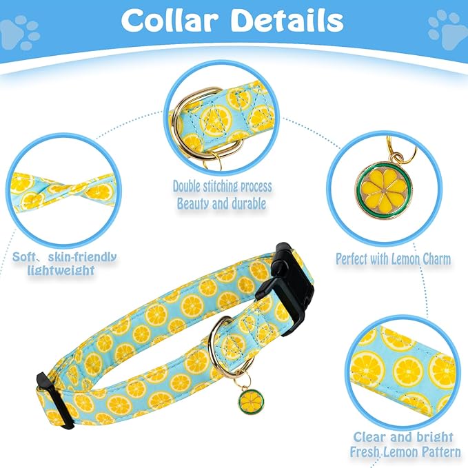 Cute Cotton Dog Collar for Boy and Girl Dogs Summer Lemon Pattern Puppy Collar for Small Medium Large Dogs Adjustable Lemon Pattern Soft Pet Collar for Male Female Dogs