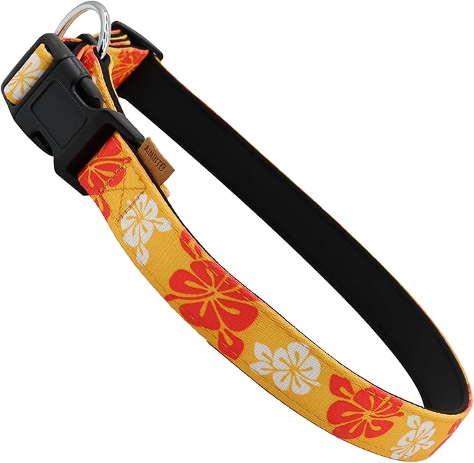 Dog Collar, Cute Floral Pattern, Neoprene Padded and Adjustable Collar with Quick Release Buckle, Reinforced Structure (L (Neck 18-28", Width 1"), Hawaiian Orange)