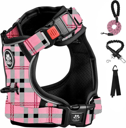 FURRYFECTION Plaid Dog Harness for Large Dogs | No Pull Reflective Pet Harness | No Choke Adjustable Dog Vest Harnesses | with Leash | Easy Control Handle | Front Lead | Seat Belt | Pink&Black| XL