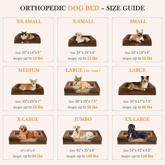 Comfort Expression Large Dog Beds Waterproof Orthopedic Foam Dog Sofa Beds Comfy Pet Bed with Washable Removable Cover & Non-Slip Bottom(Large,Brown)