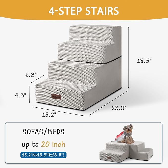 Dog Stairs for Small Dogs & Cats, 4-Step Non-Slip Pet Steps for Beds & Couches, Light Grey, 18.5" H