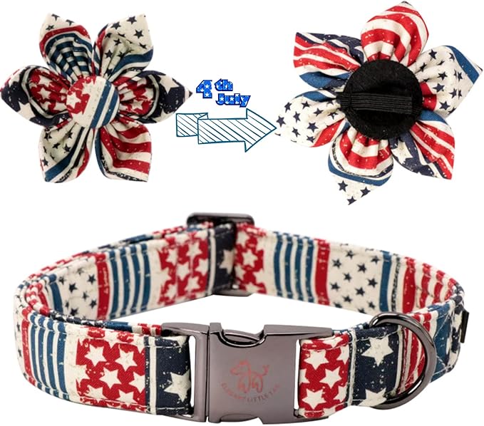 Elegant little tail US Flag Dog Collar, Cute Detachable Dog Collar with Flower, Gift Pet Collar Adjustable Dog Collar for X-Small Puppy