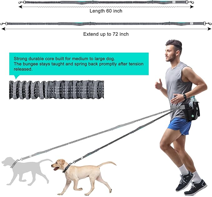 SHINE HAI Retractable Hands Free Dog Leash with Dual Bungees for 2 Dogs, Adjustable Waist Belt Fanny Pack, Reflective Stitching Leash for Running Walking Hiking Jogging Biking Black