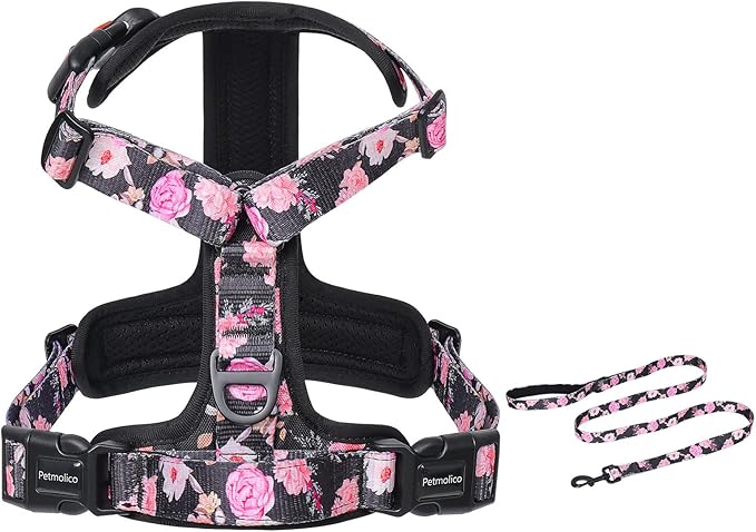 Petmolico No Pull Dog Harness Leash Set, Front and Back Metal Clips Easy Walk Dog Harness with Handle for Training Outdoor Adventures, Peony Small
