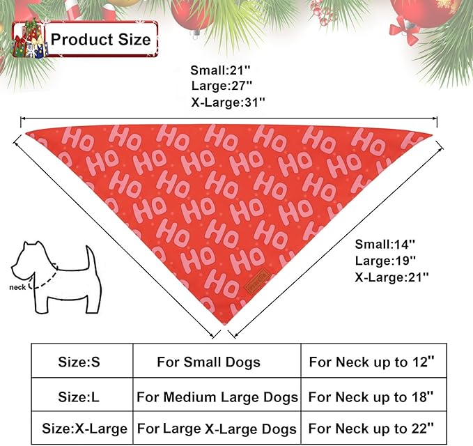 PTDECOR Christmas Dog Bandana, Xmas HOHO Santa Design Reversible Holiday Dog Scarf, Triangle Christmas Bandanas for Medium Large Pets (Large)