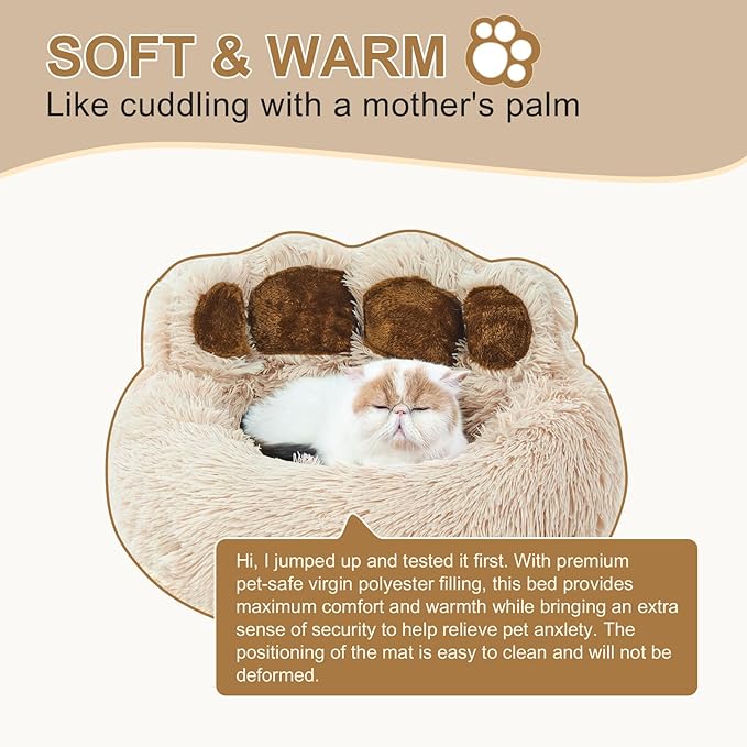 Jiupety Paw Shape Calming Pet Bed, Plush Faux Fur Donut Bed for Dogs & Cats, Machine Washable, Non-Slip Bottom, Medium (22"×22"×6"), Camel