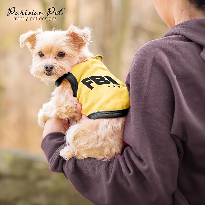Parisian Pet Dog T-Shirt - Embroidered FBI Shirt - 100% Cotton, Breathable Dog Clothes - Sleeveless Pet Vest - Machine Washable Yellow Dog Shirts for Small Dogs - XXS