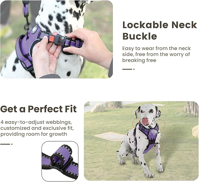 FURRYFECTION Dog Harness | No Pull Dog Harness | Reflective Oxford | Padded Handle | 4 Adjustable Straps | 2 Leash Clips | No Choke Pet Vest Harness for Small Medium Large Dogs | Purple | L