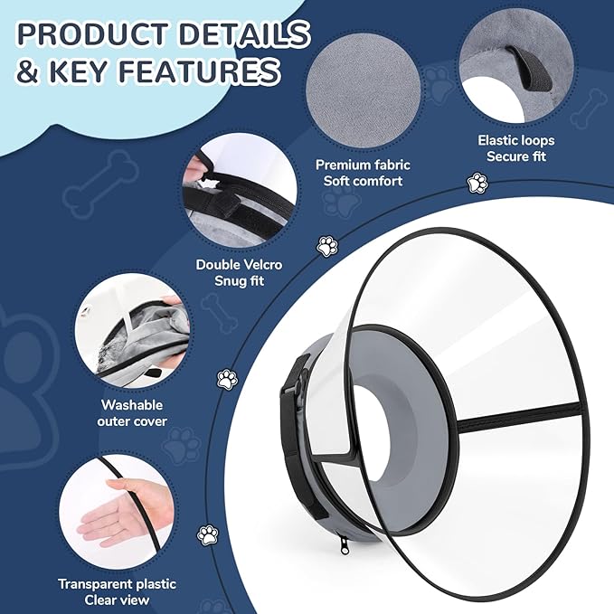 Sponge Core Dog Cone, Inflatable Dog Cone Collar Alternative, Dogs Donut Collar After Surgery, Soft Cone for Large Medium Small Dogs to Stop Licking, No Inflation Required, Clear View(Size 7, Gray)